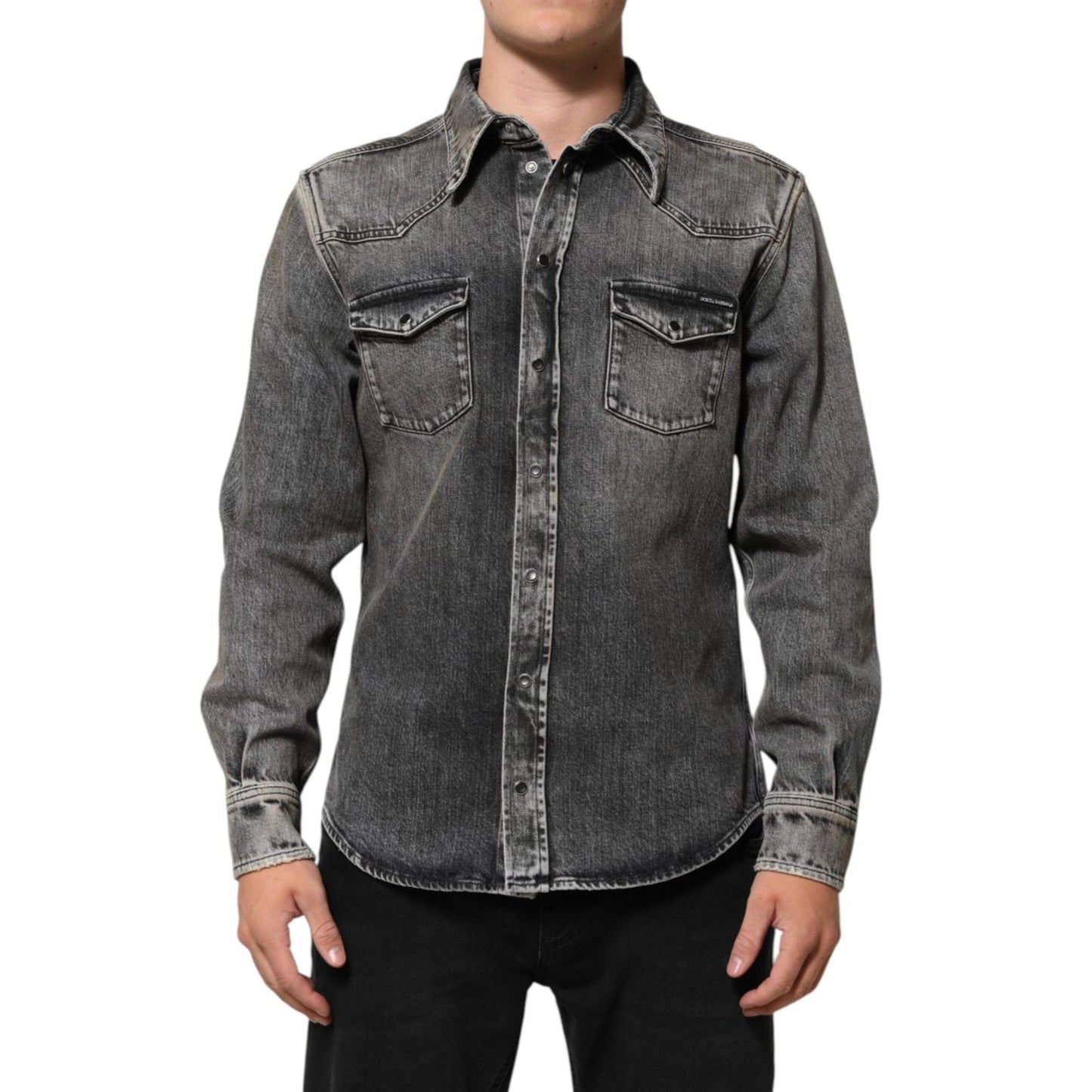 Dolce & Gabbana Black Washed Cotton Snap Long Sleeve Casual Shirt