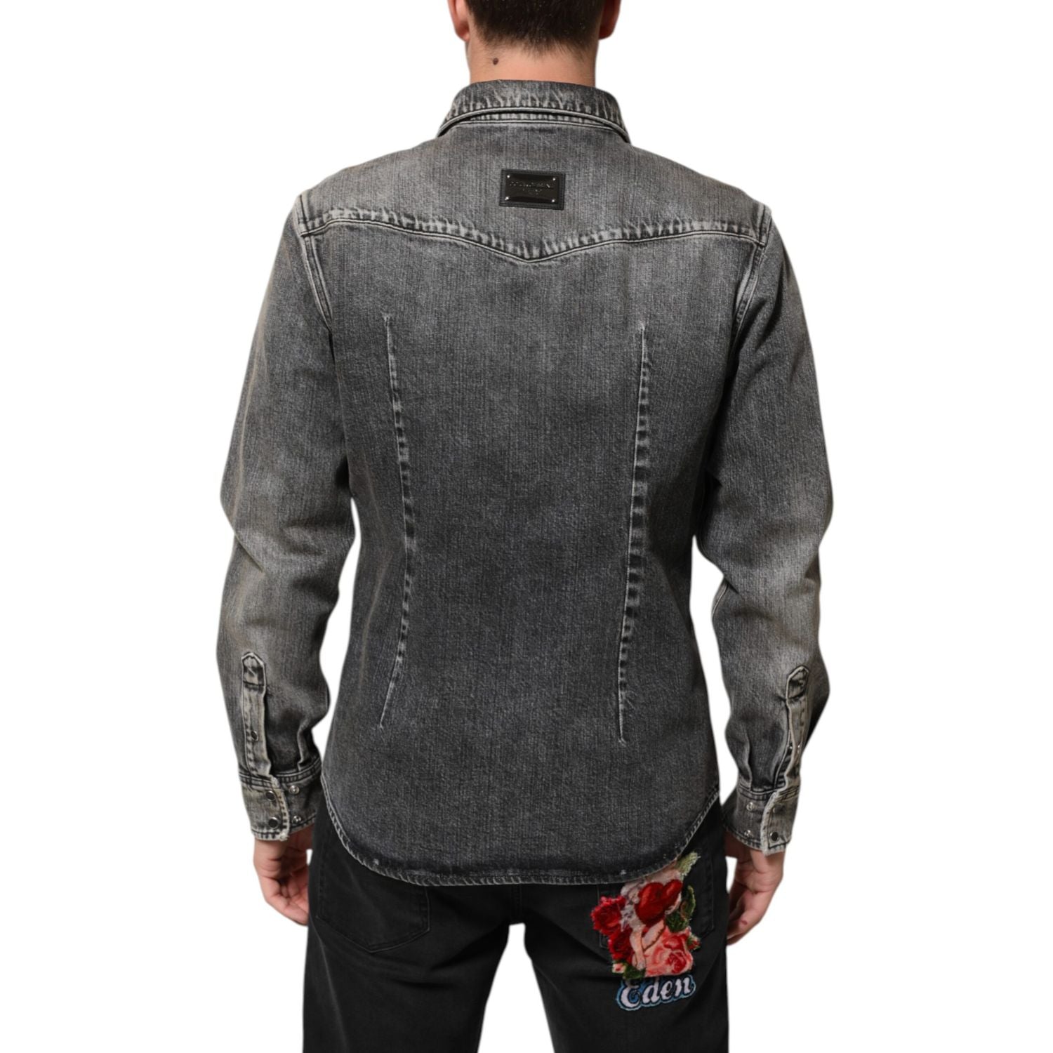 Dolce & Gabbana Black Washed Cotton Snap Long Sleeve Casual Shirt