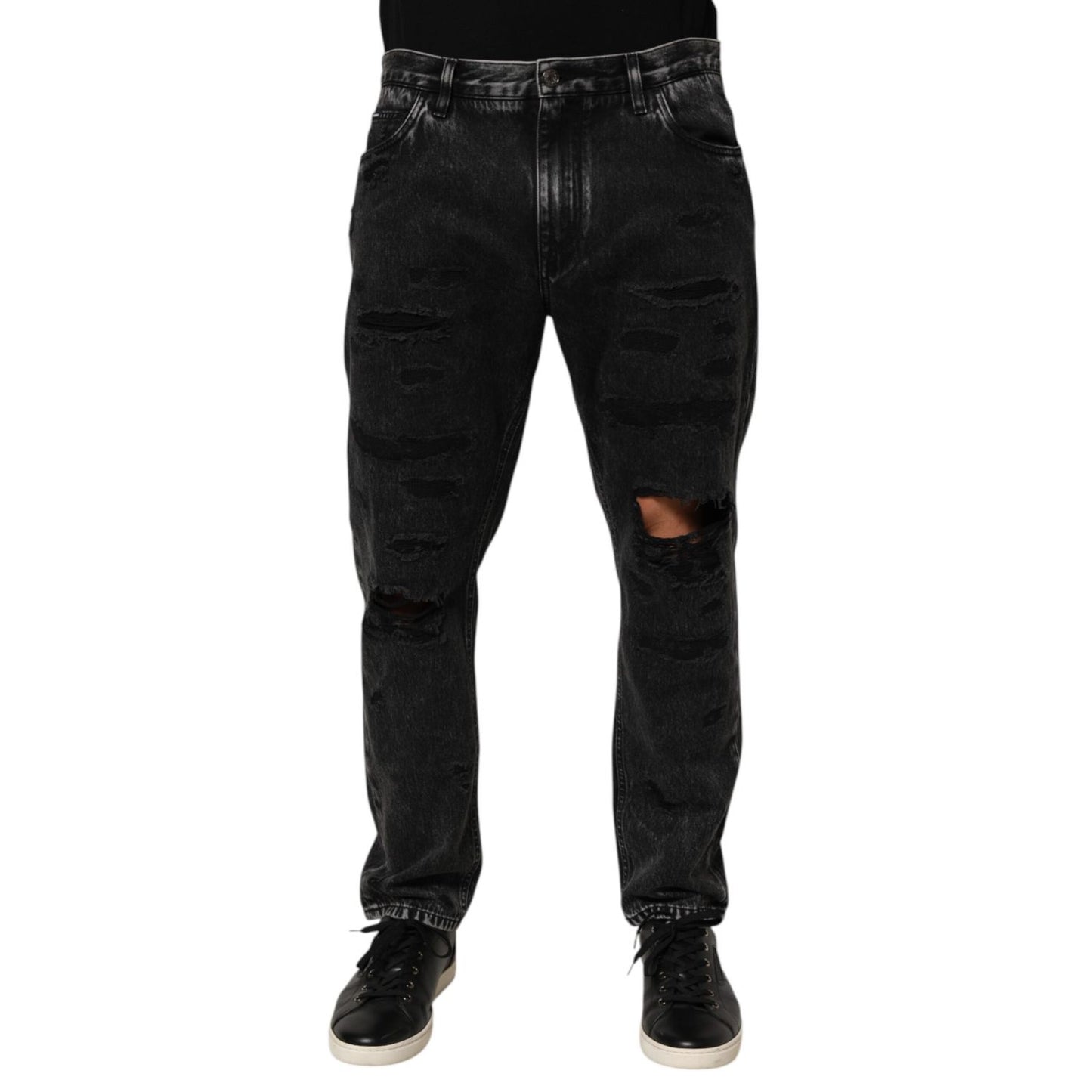 Dolce & Gabbana Black Washed Ripped Loose Cotton Denim Jeans with edgy distressed details