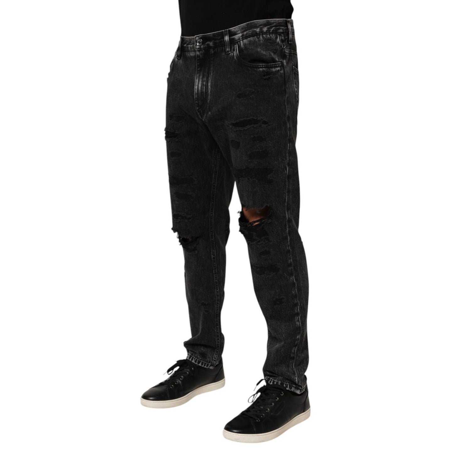 Dolce & Gabbana Black Washed Ripped Loose Cotton Denim Jeans with distressed details and relaxed fit