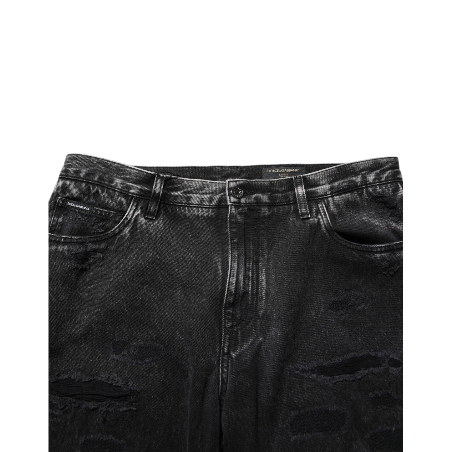 Dolce & Gabbana Black Washed Ripped Loose Cotton Denim Jeans with distressed details and relaxed fit