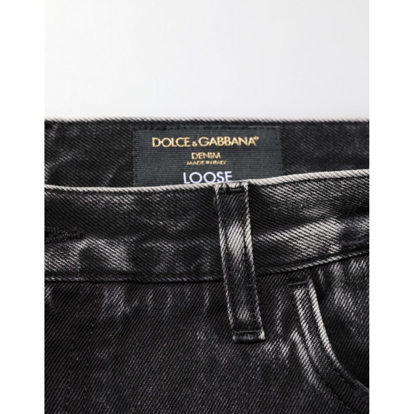 Dolce & Gabbana Black Washed Ripped Loose Cotton Denim Jeans with label and waistband view