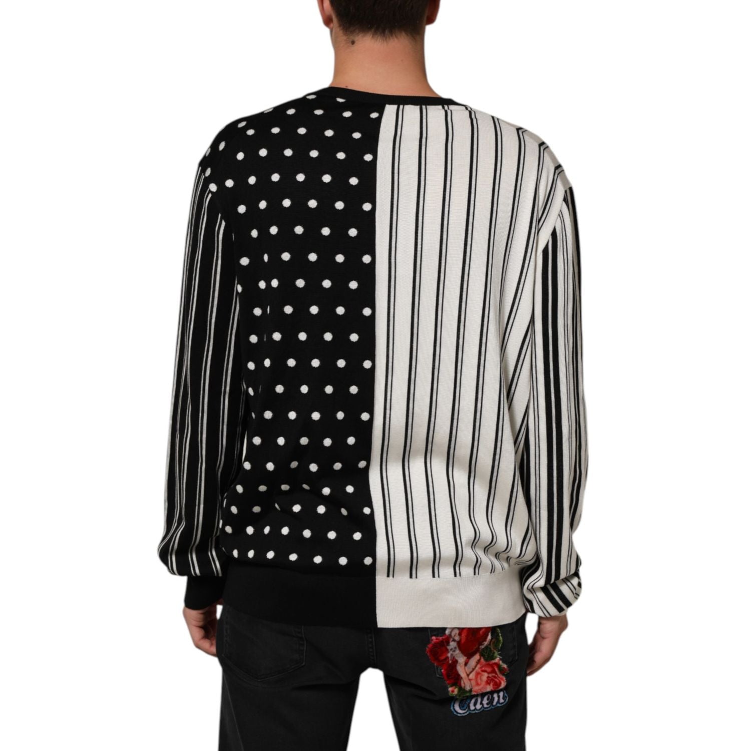 Dolce & Gabbana Black White Stripe Polka V-Neck Pullover Sweater