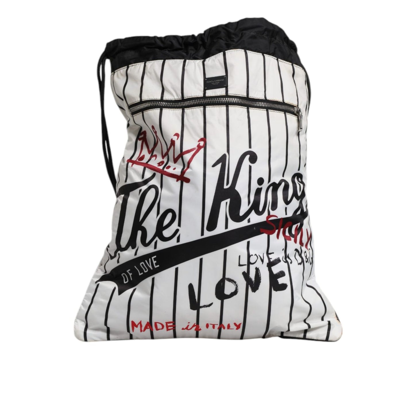 Dolce & Gabbana Black White Striped Polyester Drawstring Backpack Bag