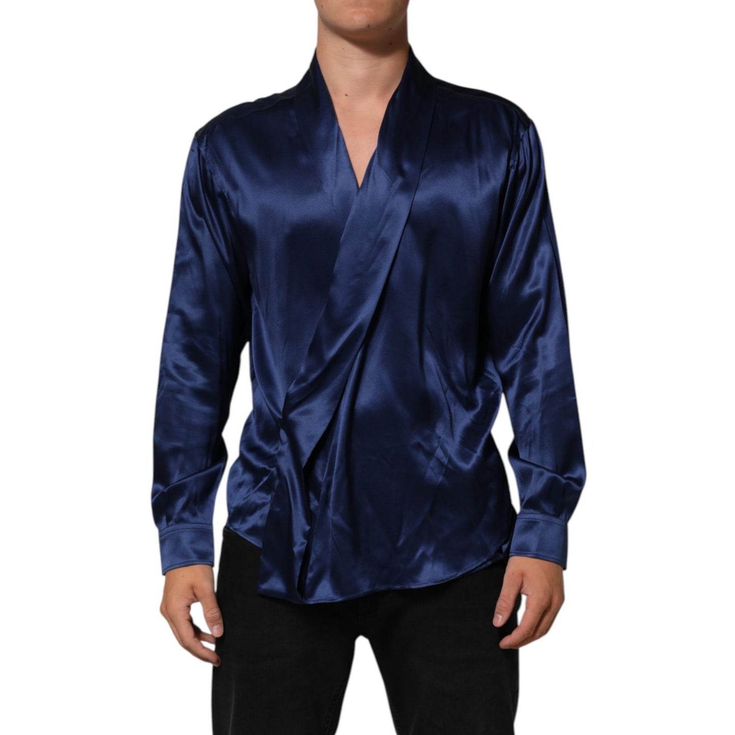 Dolce & Gabbana Blue Oversize Silk Satin Long Sleeves Shirt on model showcasing elegant evening style.