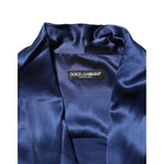 Dolce & Gabbana Blue Oversize Silk Satin Long Sleeves Shirt close-up showing brand label on silk fabric