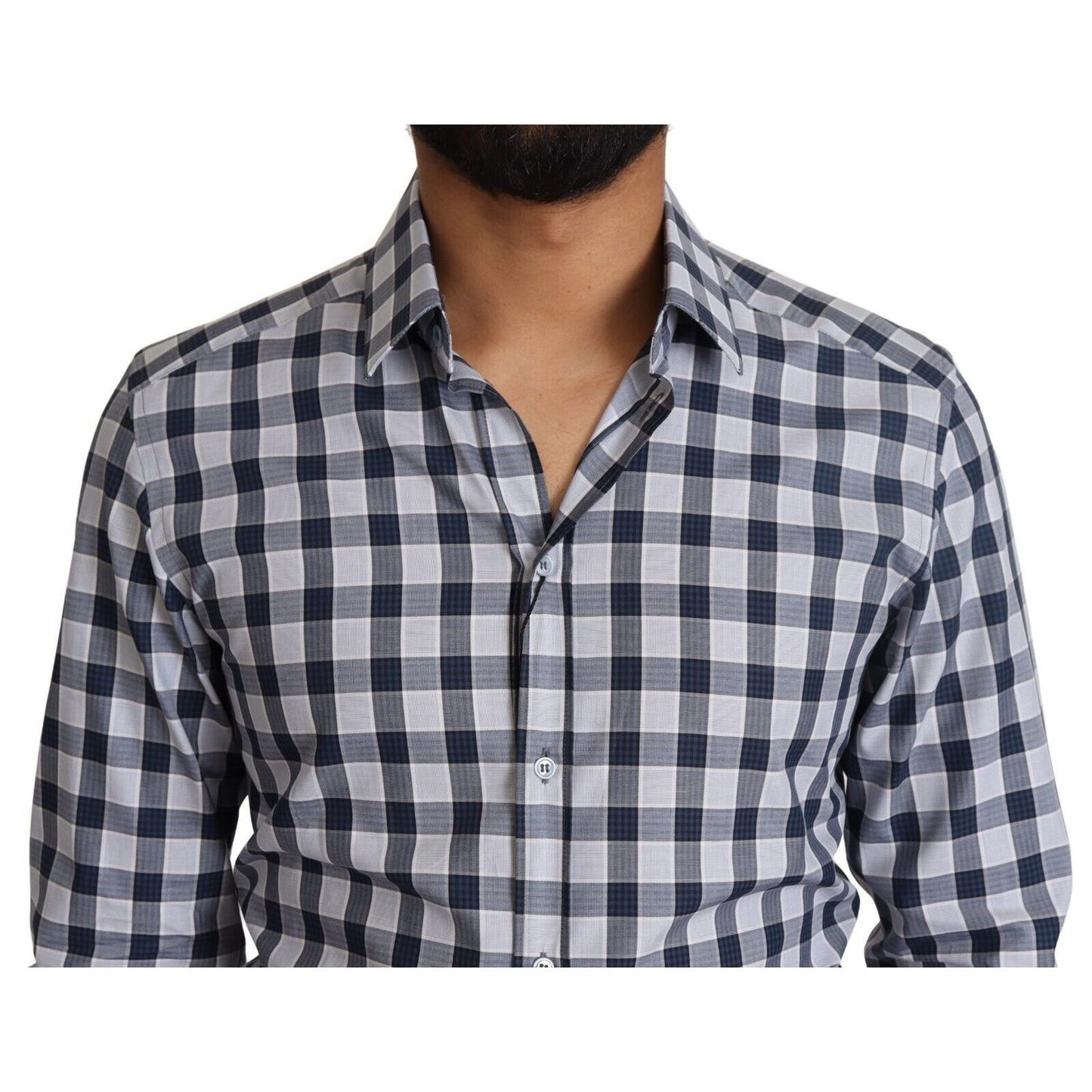 Dolce & Gabbana Blue White Check Cotton Slim Fit GOLD Shirt