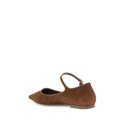 Dolce & Gabbana Brown Goatskin Ballet Flats with suede finish and leather trim, featuring a durable one-piece leather sole and gold DG logo.