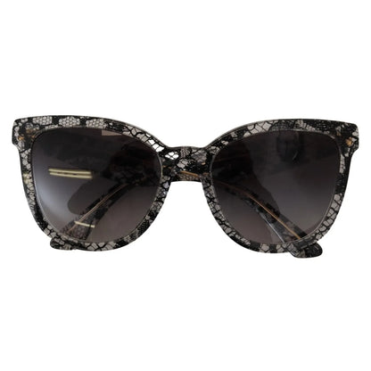 Dolce & Gabbana DG4190 Black Lace Acetate Crystal Round Sunglasses with grey gradient lenses, offering 100% UVA protection.
