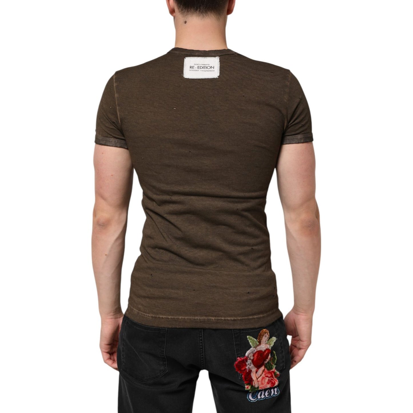 Back view of Dolce & Gabbana Dark Brown Cotton Tattered Logo Men T-shirt with punched-hole design and slim fit.