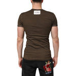Back view of Dolce & Gabbana Dark Brown Cotton Tattered Logo Men T-shirt with punched-hole design and slim fit.