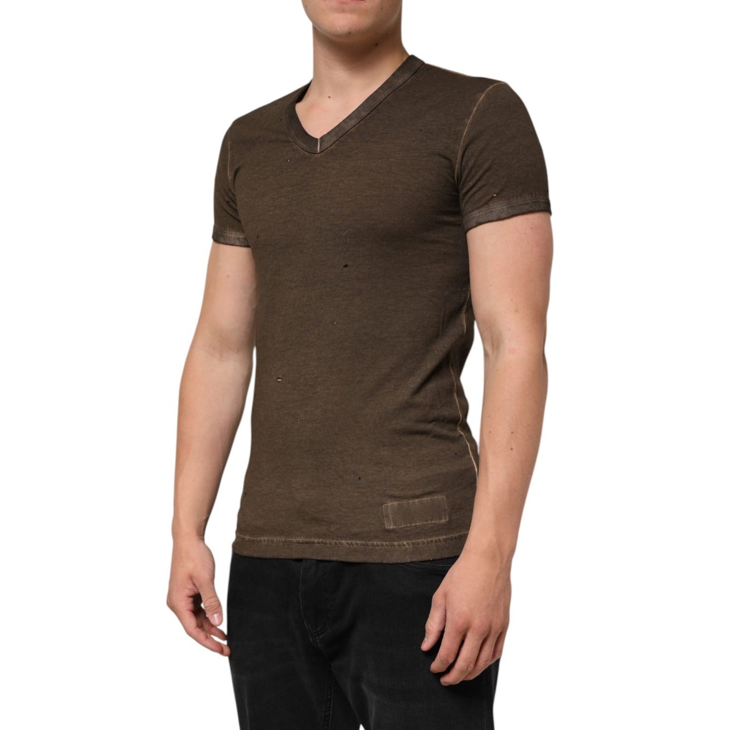 Dolce & Gabbana Dark Brown Cotton Tattered Logo Men T-shirt with slim V-neck and unique punched-hole design on a model.