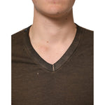 Dolce & Gabbana Dark Brown Cotton Tattered Logo Men T-shirt with V-neck detail, showcasing unique punched-hole design for modern style.