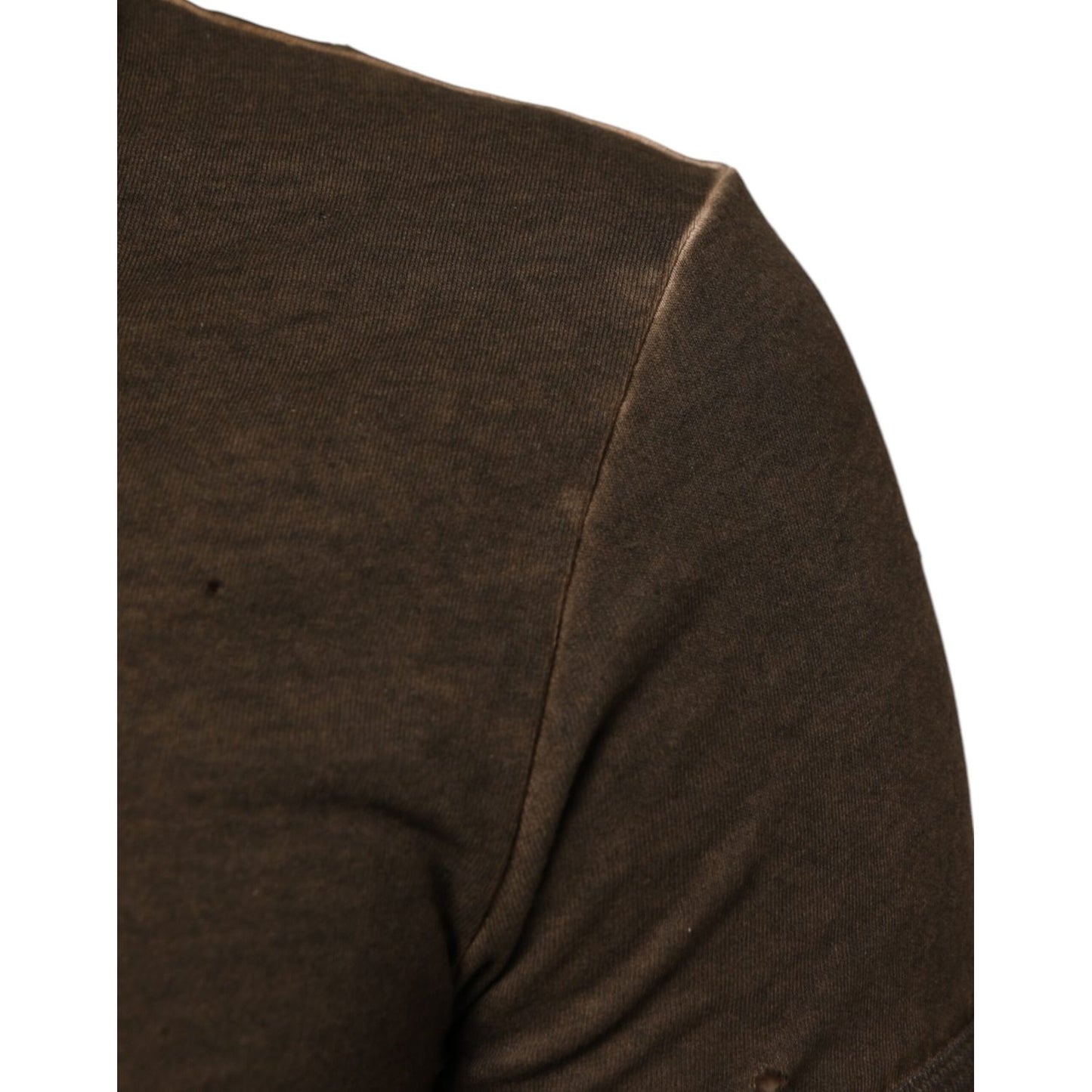 Close-up of Dolce & Gabbana Dark Brown Cotton Tattered Logo Men T-shirt fabric showing fine details and rich texture.