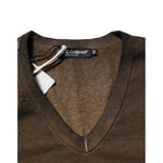 Dolce & Gabbana Dark Brown Cotton Tattered Logo Men T-shirt with V-neck design and punched-hole detailing, made from premium cotton.