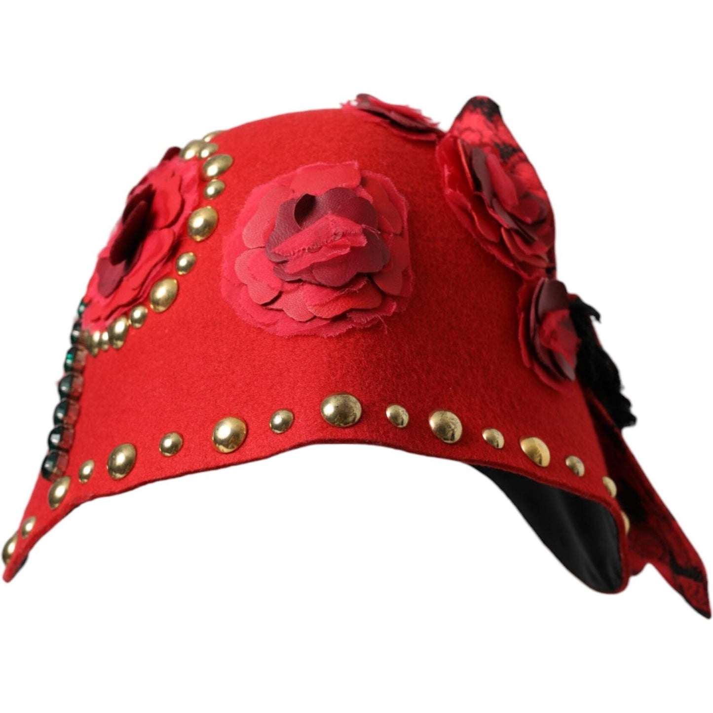 Dolce & Gabbana Red Crystal Gold Roses Brooch Embellished Hat HAT9631