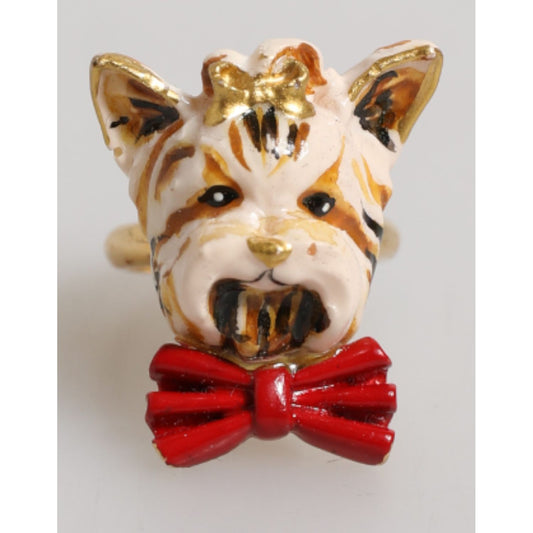 Dolce & Gabbana Gold Brass Resin Beige Dog Pet Accessory Ring with dog head design in gold and beige, red bow detail, made in Italy.