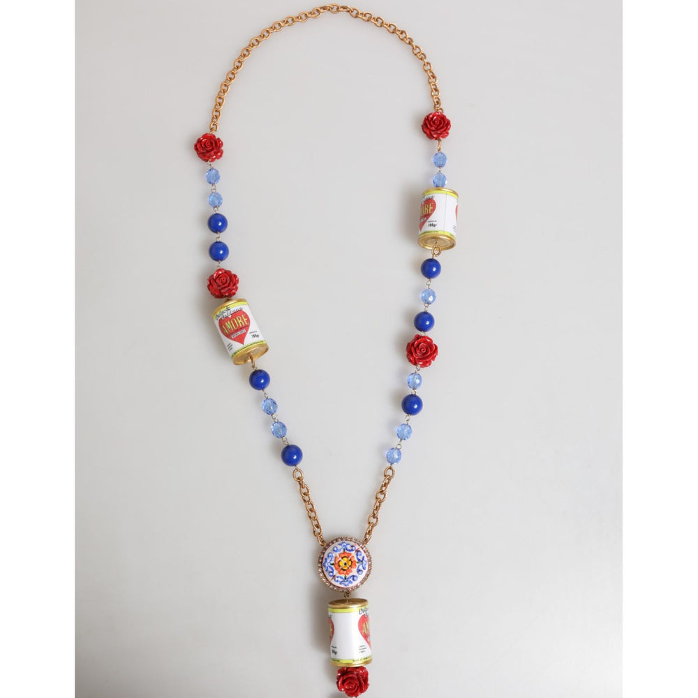 Dolce & Gabbana Gold Multicolor Amore Heart Can Beads Rose Pendant Necklace