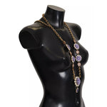 Dolce & Gabbana Gold Tone Floral Crystals Purple Embellished necklace displayed on a mannequin.