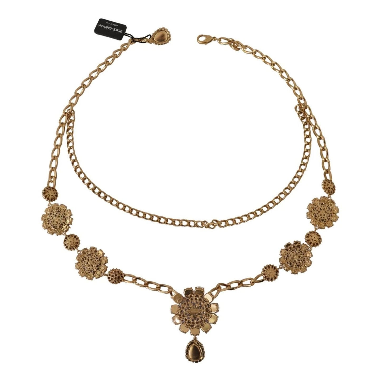 Dolce & Gabbana Gold Tone Floral Crystals Purple Embellished necklace with charms and lobster clasp.