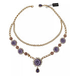 Dolce & Gabbana Gold Tone Floral Crystals Purple Embellished necklace with colorful floral charms and purple accents.