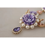 Dolce & Gabbana Gold Tone Floral Crystals Purple Embellished necklace with pearl beads and purple floral charms close-up.