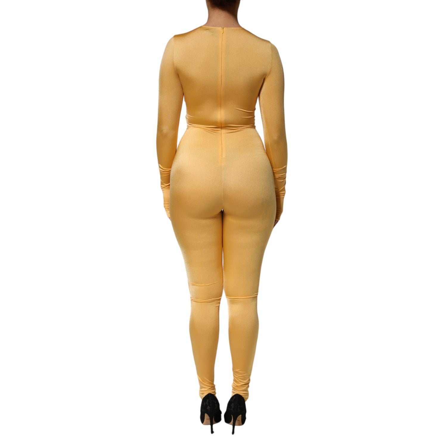 Dolce & Gabbana Gold Yellow Stretch Long Sleeve Bodysuit Dress
