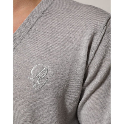 Dolce & Gabbana Gray Wool Knit Logo V-Neck Pullover Sweater