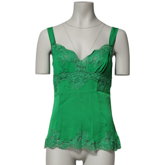 Dolce & Gabbana Green Floral Lace Tank Lingerie Top Underwear in silk with lace trim, sleeveless design, showcasing brand's feminine style.