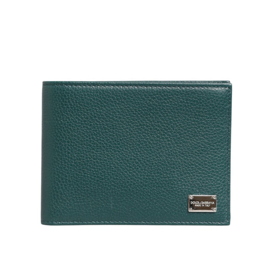 Dolce & Gabbana Green Leather DG Logo Plaque Bifold Card Holder Wallet in pebbled leather with metal logo plaque.