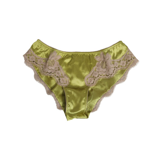 Dolce & Gabbana Green Silk Satin Floral Lace Trim Panty Underwear with elegant design and delicate lace detail.