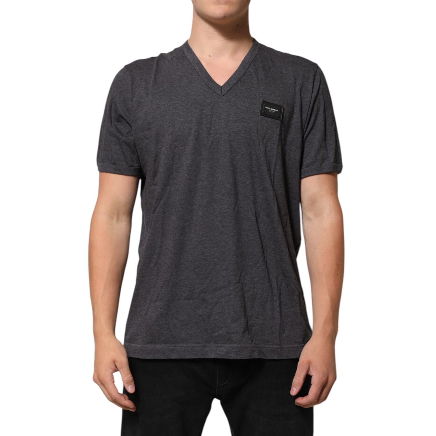 Dolce & Gabbana Grey Cotton V-Neck Logo Plaque Melange T-Shirt