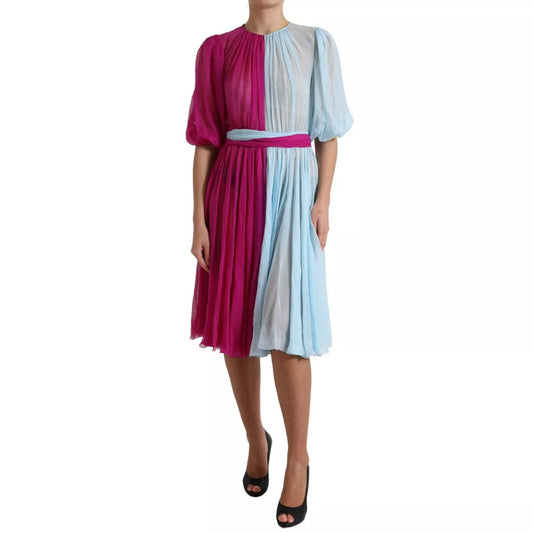 Dolce & Gabbana Light Blue Silk Two Tone Midi Dress with fuchsia and light blue colors, featuring zipper closure and logo detail.