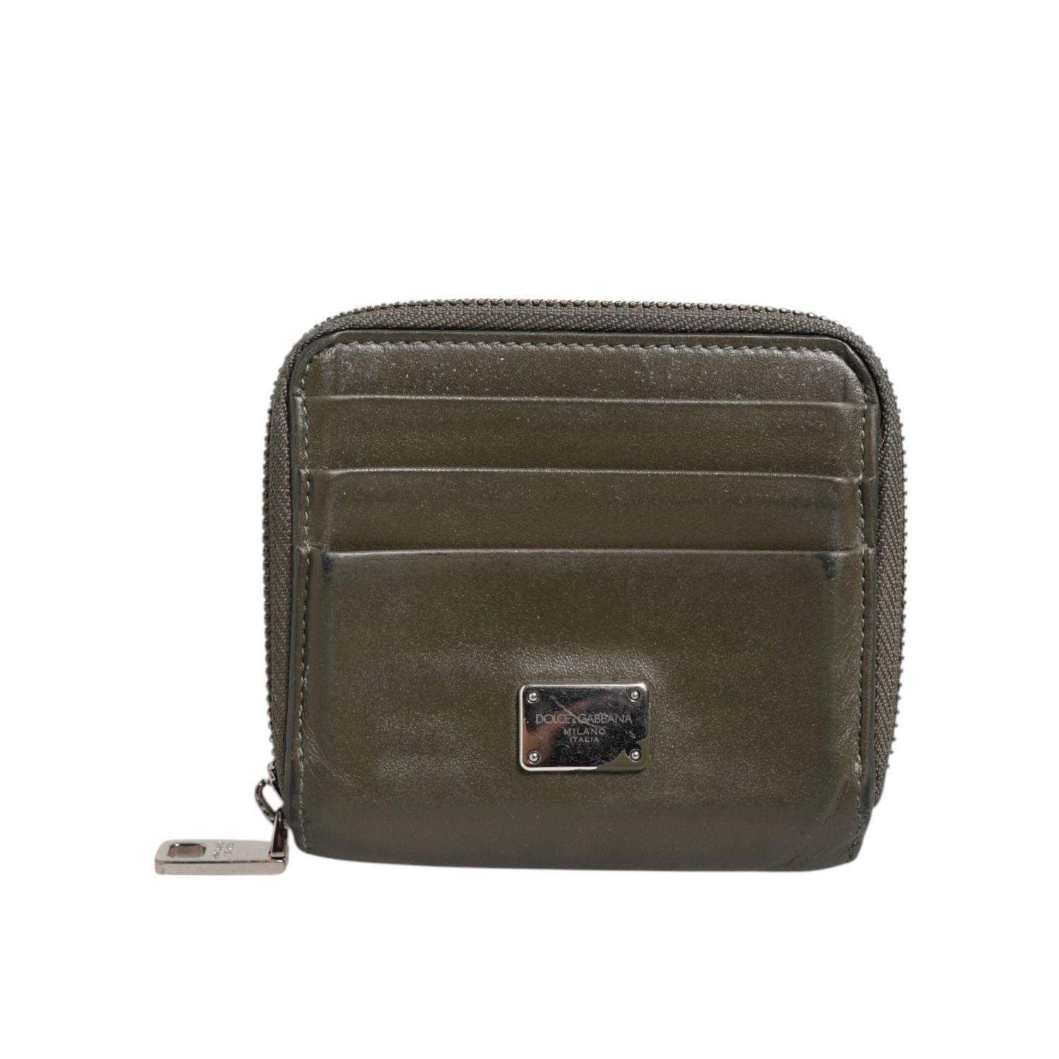 Dolce & Gabbana Military Green Leather Logo Plaque Card Holder Coin Purse Wallet