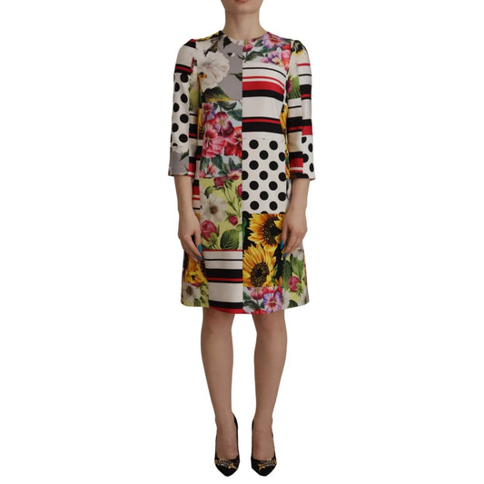 Dolce & Gabbana Multicolor Pachwork Charmeuse Floral Shift Dress showcasing vibrant floral and geometric designs.