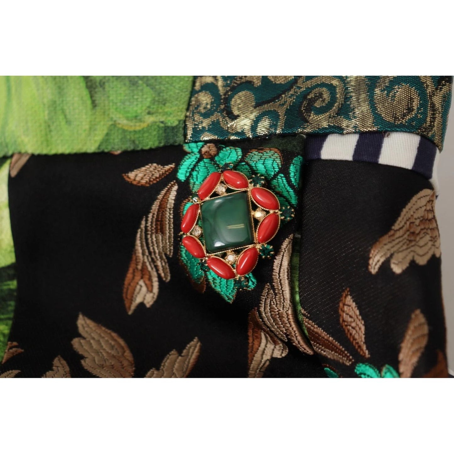 Close-up of Dolce & Gabbana Multicolor Patchwork A-line Polyester Skirt fabric and embellishments.
