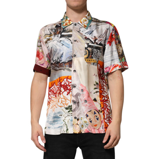 Dolce & Gabbana Multicolor Shell Print Hawaii Casual Shirt featuring silk material with button closure, worn by male model.