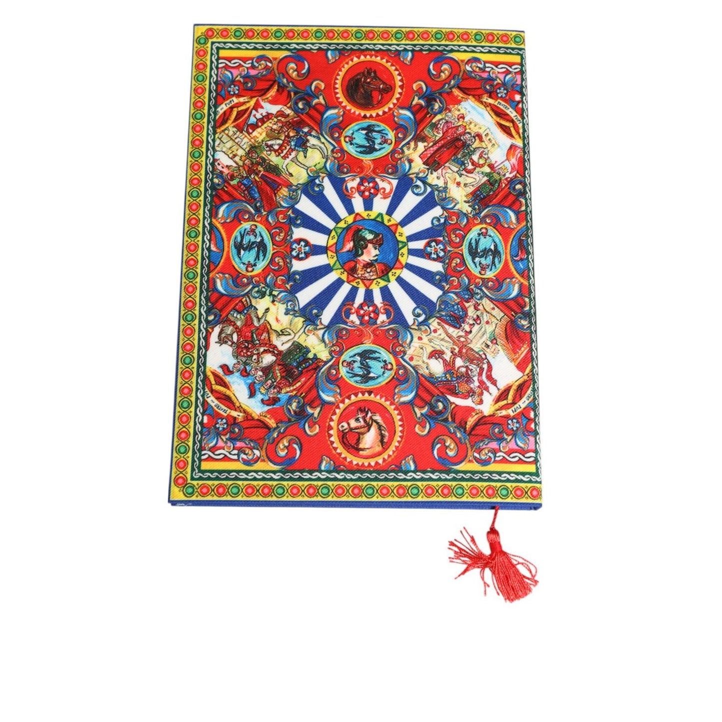 Dolce & Gabbana Multicolor Sicilian Carretto Print Journal Notebook with vibrant traditional design, gold edges, and ribbon bookmark.