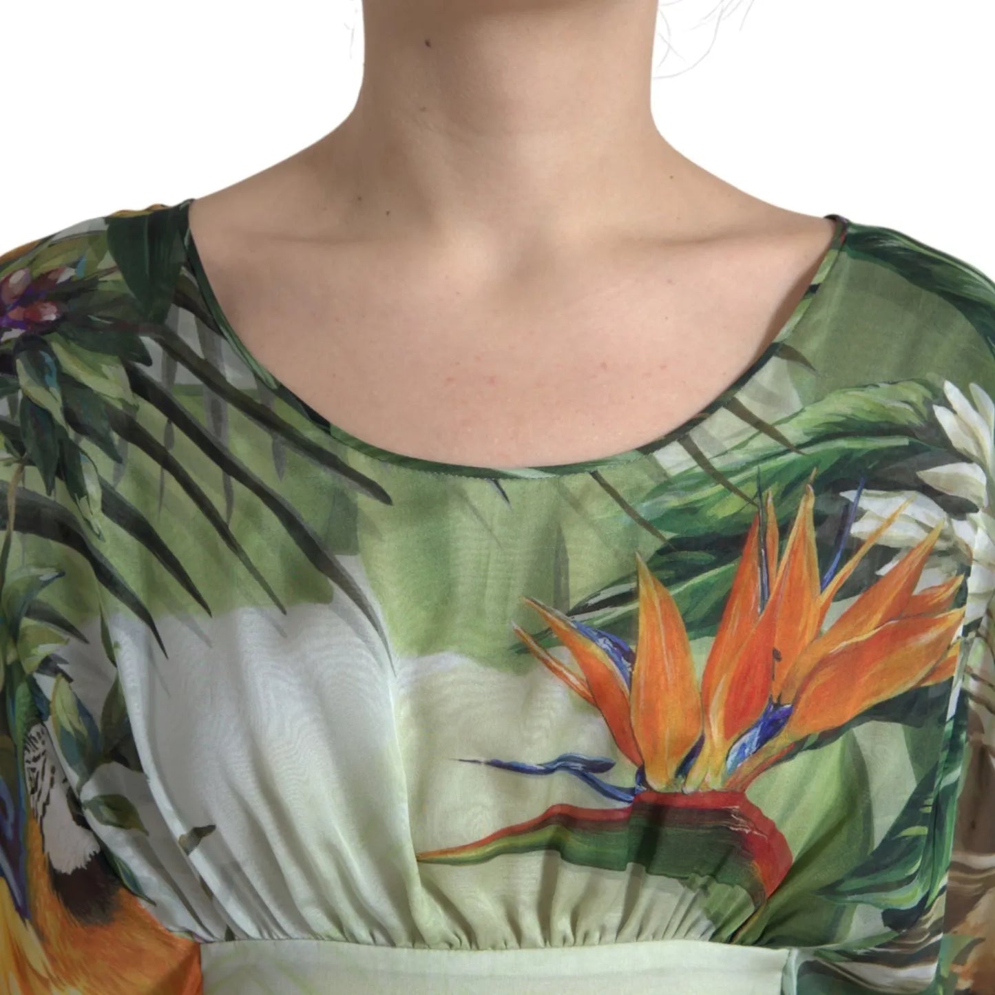 Close-up of Dolce & Gabbana Multicolor Silk Jungle Print Women Maxi Dress with tropical design and vibrant colors.