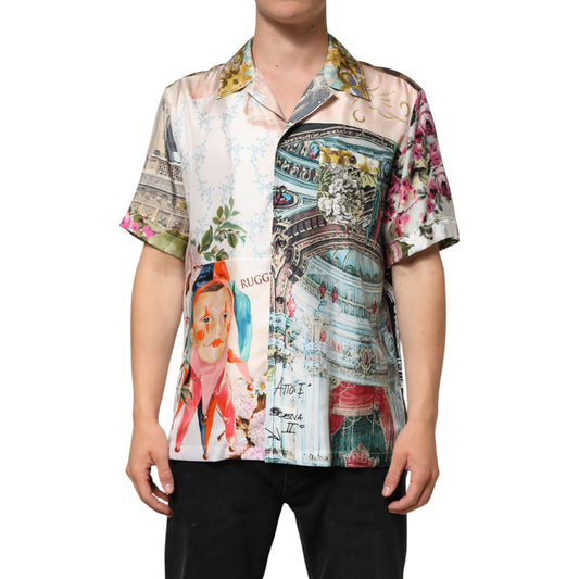 Dolce & Gabbana Multicolor Silk Opera Print Men Casual Shirt with classic collared neckline and short sleeves, luxury fashion statement.
