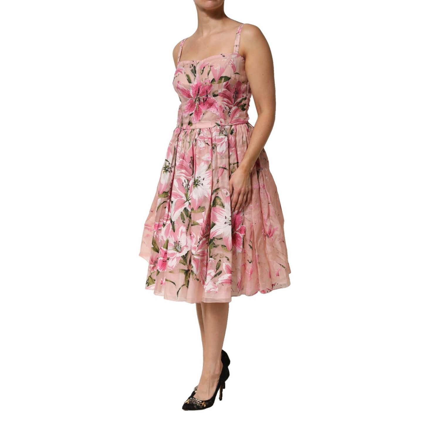 Dolce & Gabbana Pink Cotton Floral Pleated Sleeveless Dress