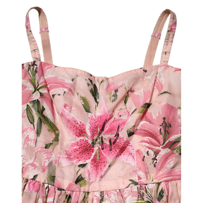 Dolce & Gabbana Pink Cotton Floral Pleated Sleeveless Dress