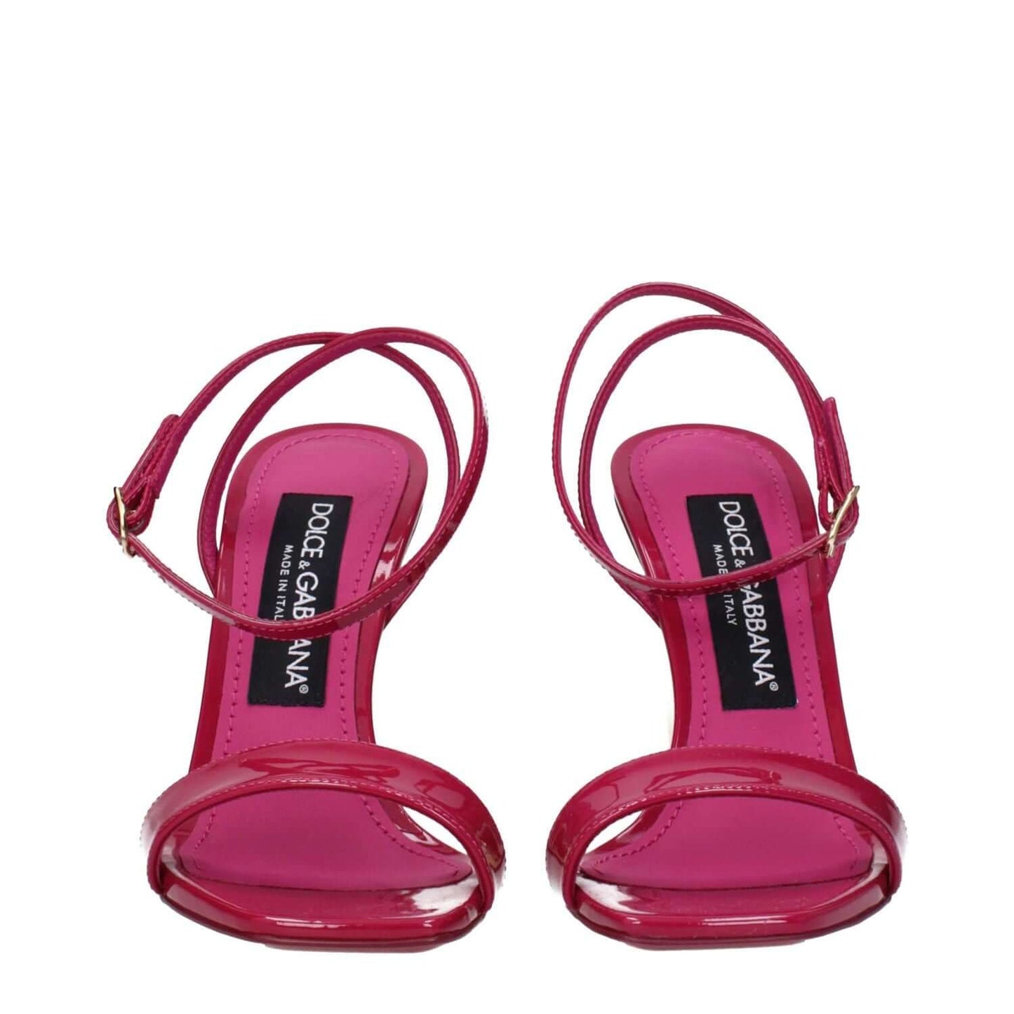 Dolce & Gabbana Pink Leather Stiletto Heel Sandals, patent leather, open toe, buckle closure, high heel, fuchsia, cyclamen accents.