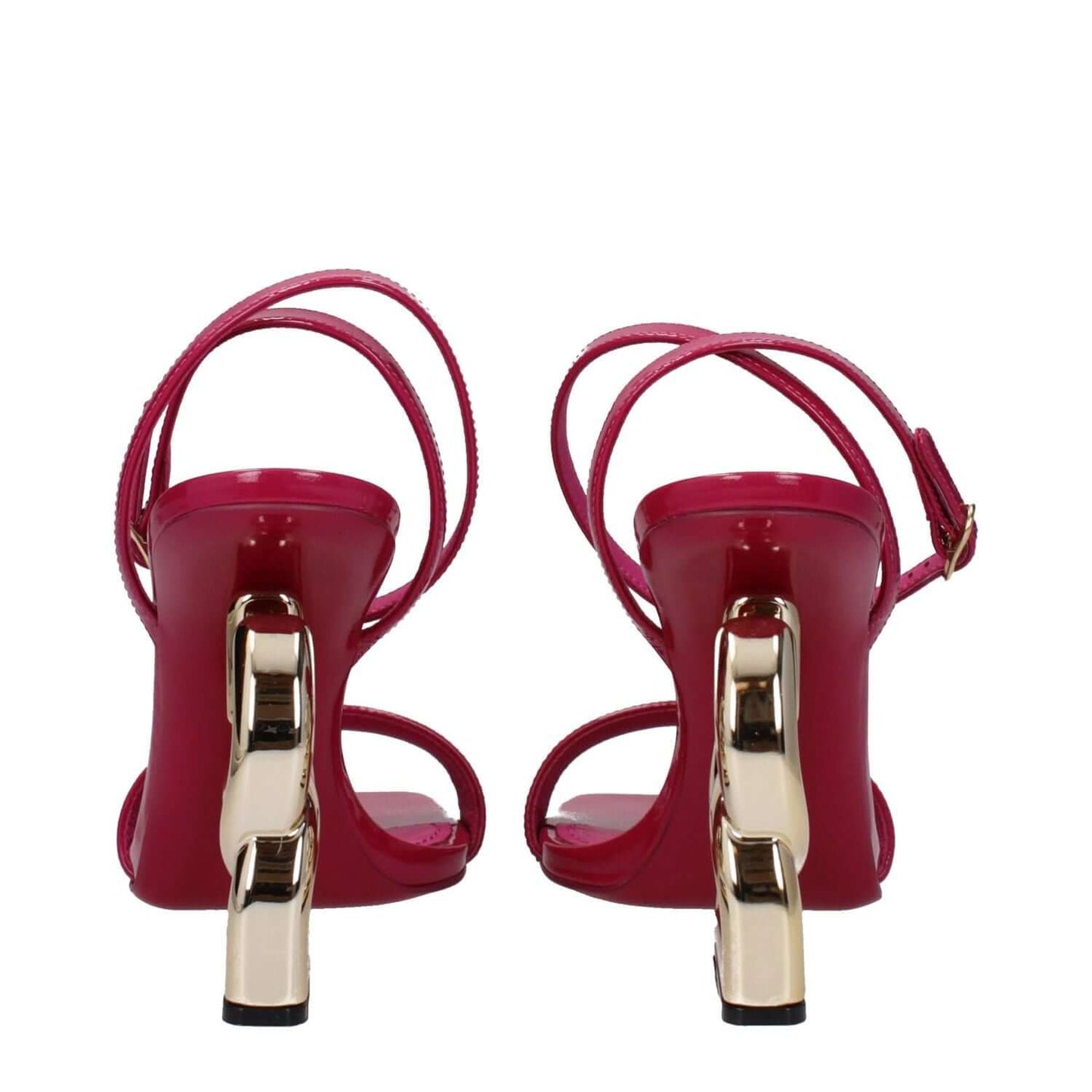 Dolce & Gabbana Pink Leather Stiletto Heel Sandals with gold high heels and buckle closure, rear view of fuchsia patent leather shoes.