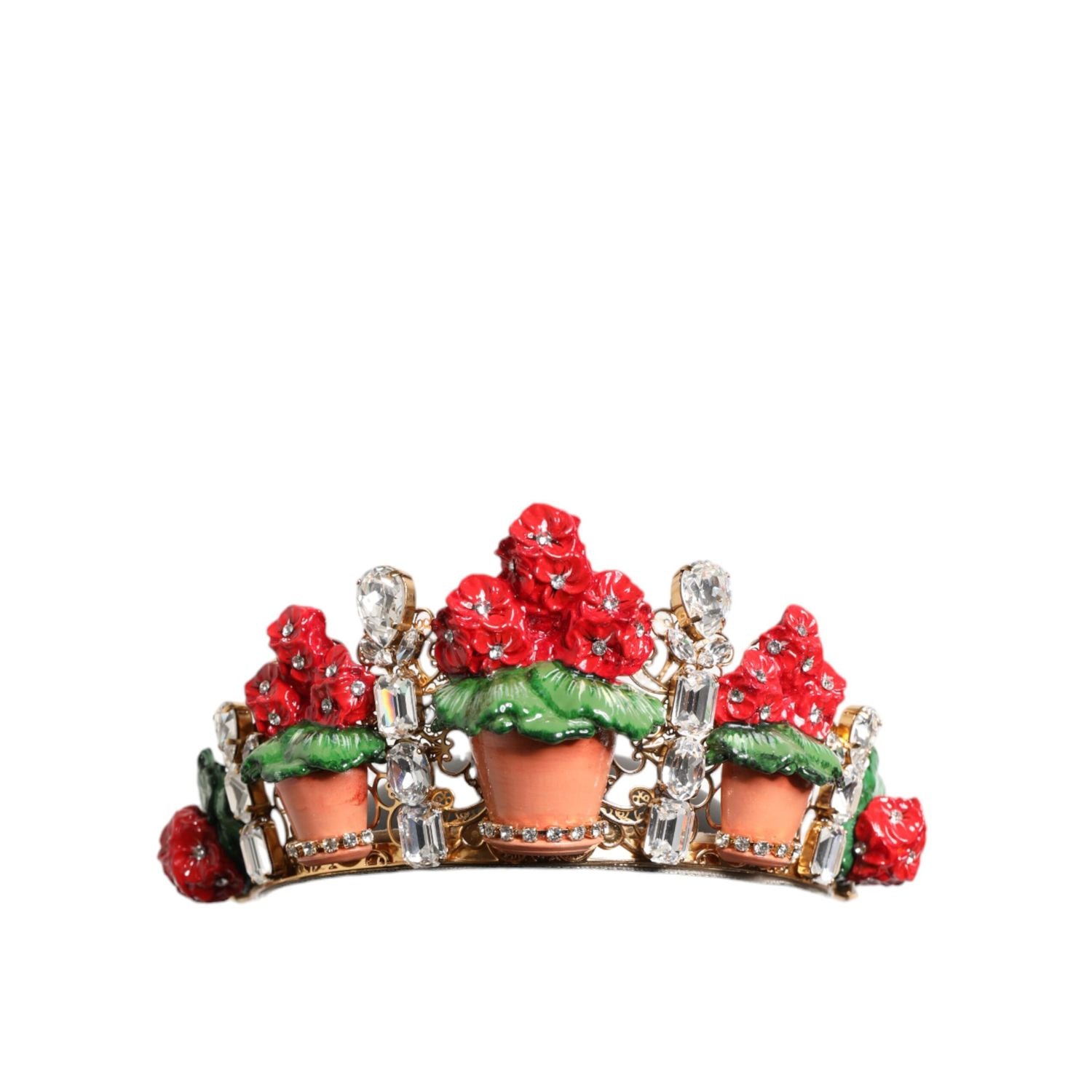 Dolce & Gabbana Red Floral Flowerpot Crystal Gold Crown Tiara Headband