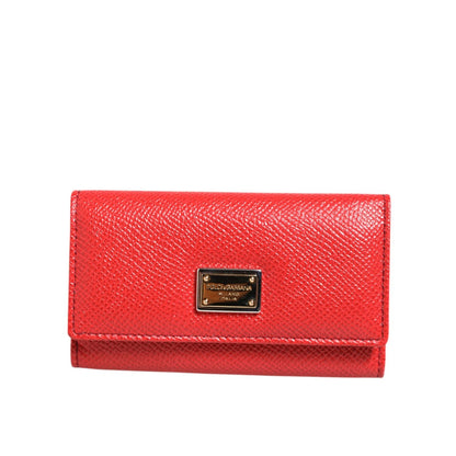 Dolce & Gabbana Red Leather Silver Metal Logo Plaque Trifold Key Holder