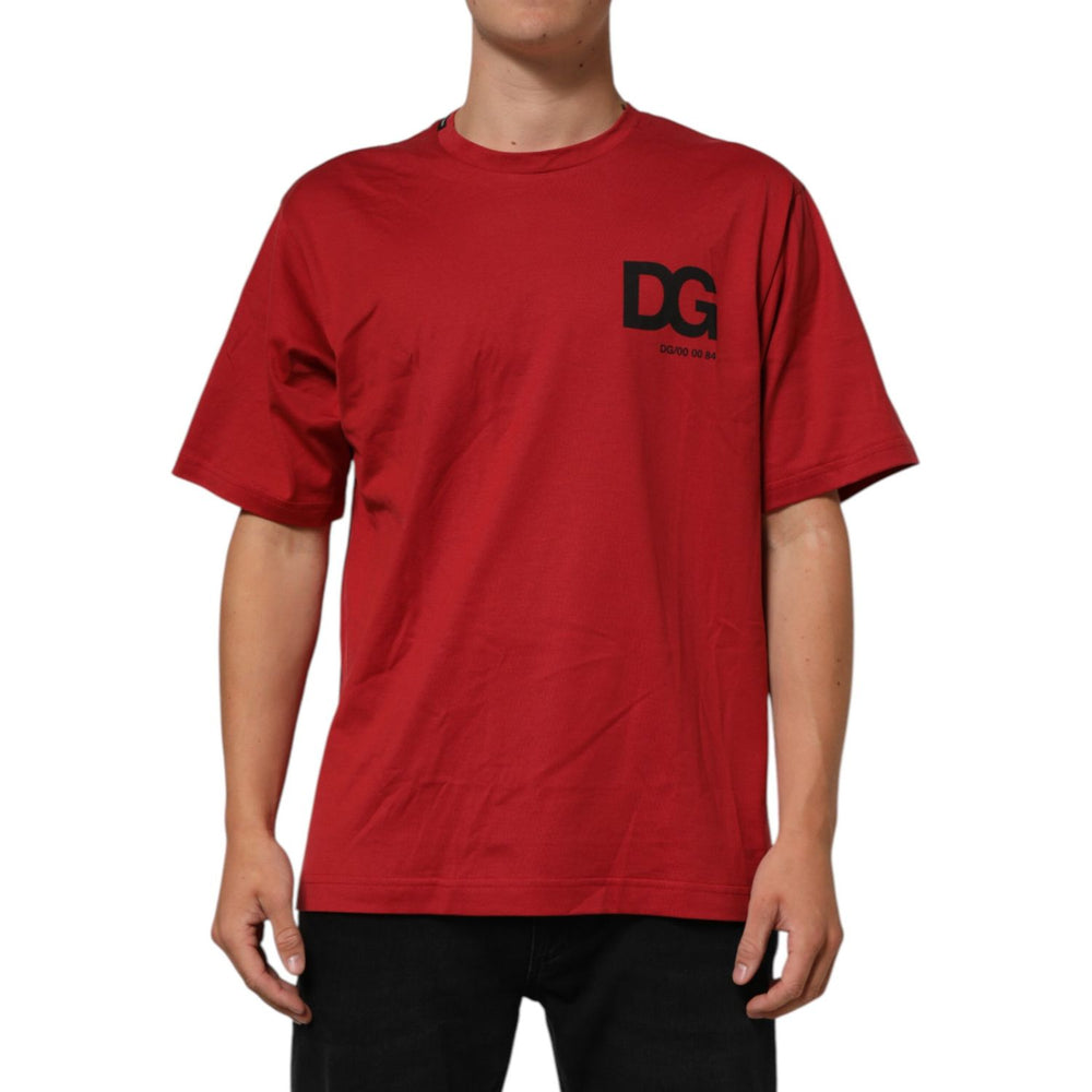 Dolce & Gabbana Red Logo Print Cotton Short Sleeve T-shirt on display, featuring DG logo and crew neck design, perfect for fashion lovers.