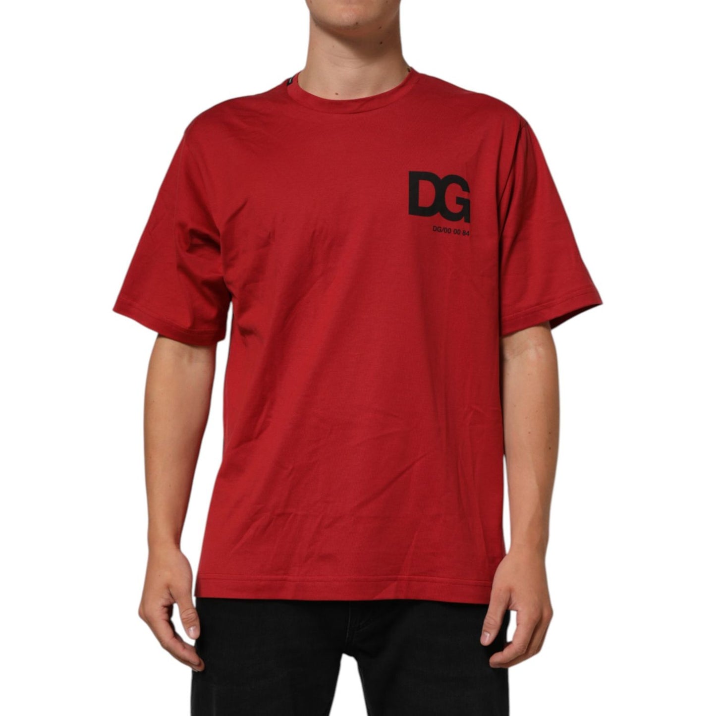 Dolce & Gabbana Red Logo Print Cotton Short Sleeve T-shirt on display, featuring DG logo and crew neck design, perfect for fashion lovers.