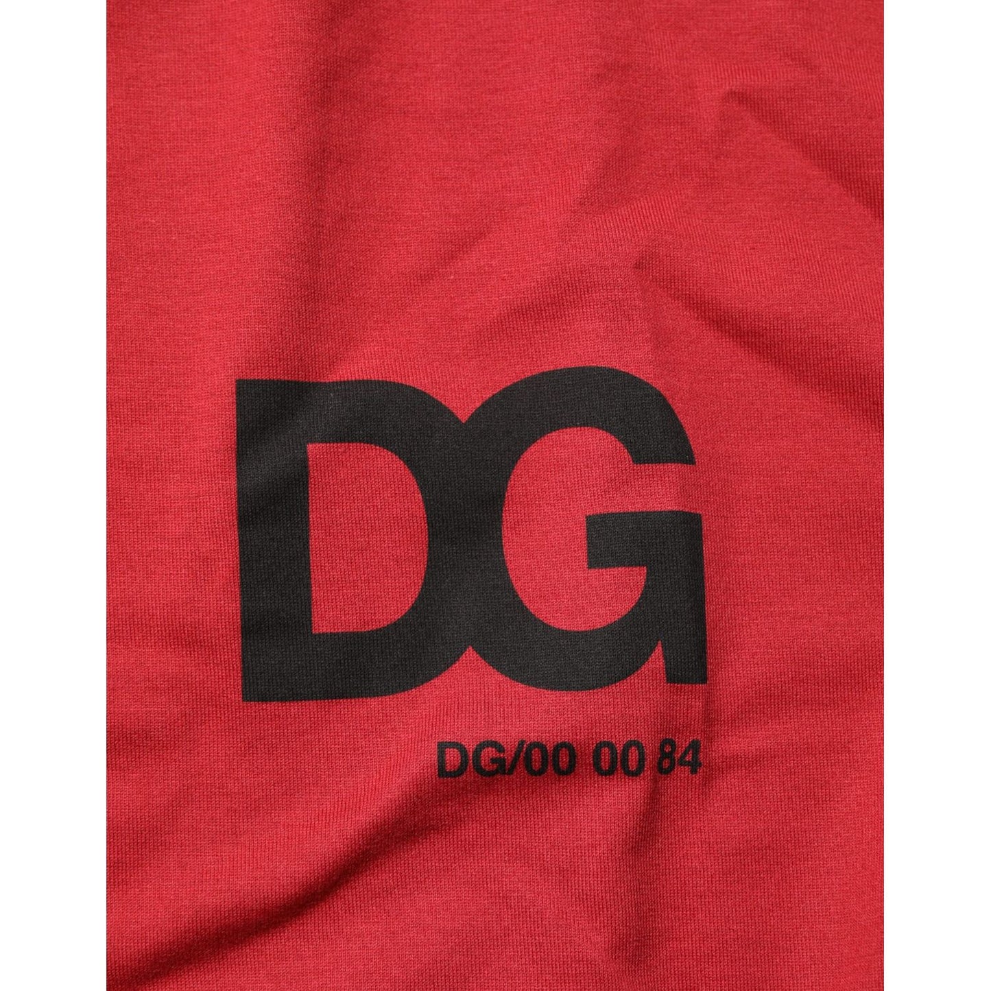 Dolce & Gabbana Red Logo Print Cotton Short Sleeve T-shirt with DG logo detail on fabric.