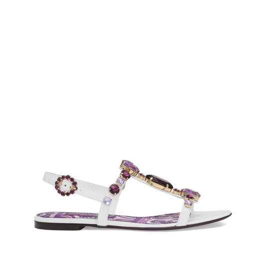 Dolce & Gabbana Sandals Purple with white rhinestone embellishment, side buckle, flat sole, leather Maiolica design.